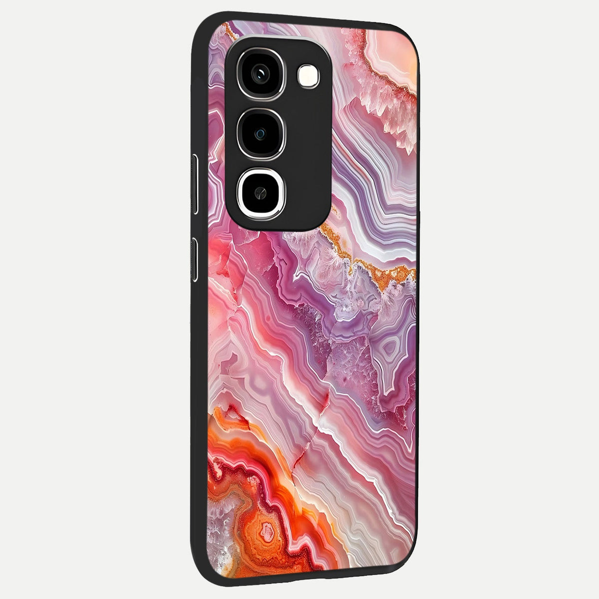Rose Quartz Marble Glass Case upright view showcasing decorative marble artwork with luxurious pastel theme.