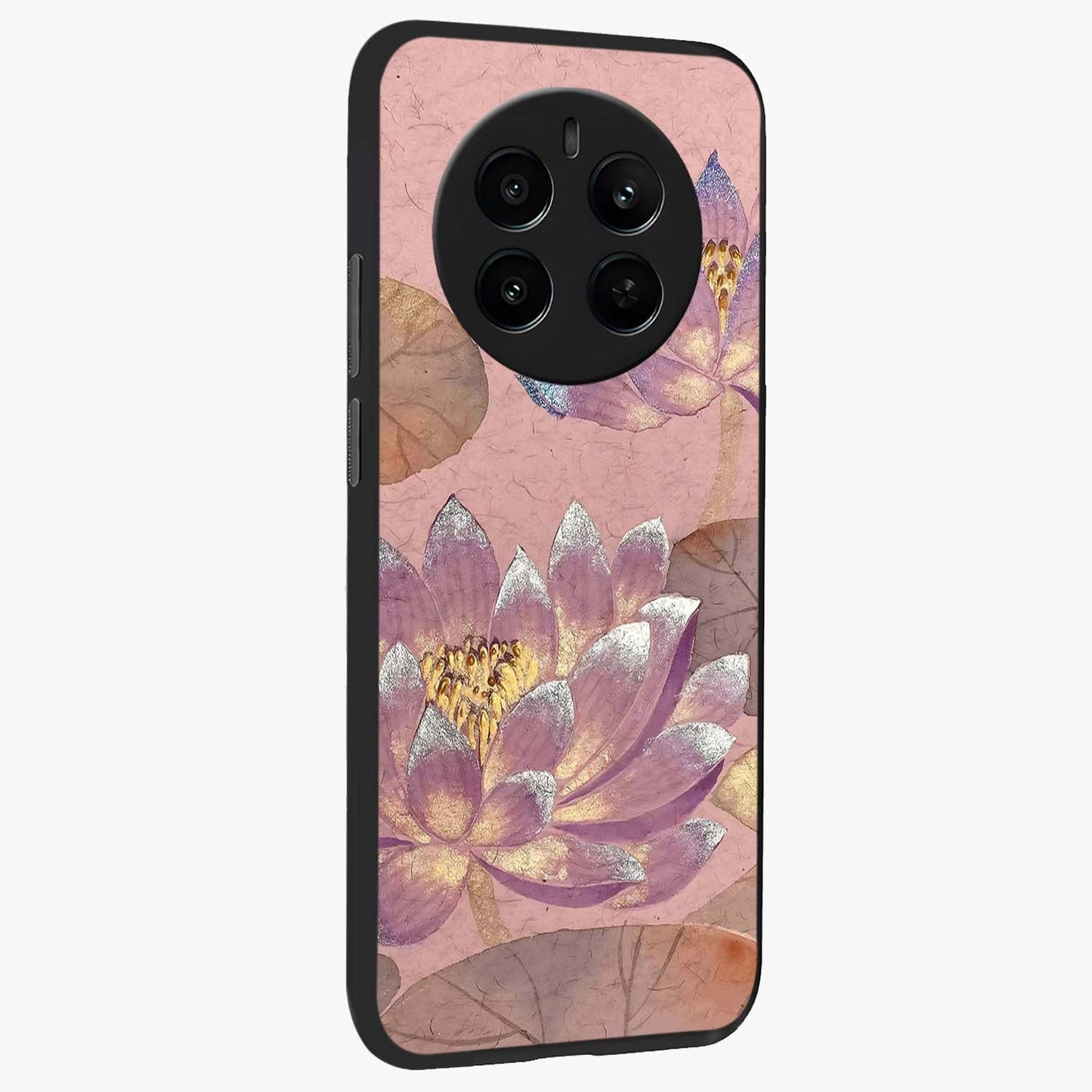 Blossom Mist Lotus Glass Case upright view showcasing graceful lotus flower design with peaceful botanical style.