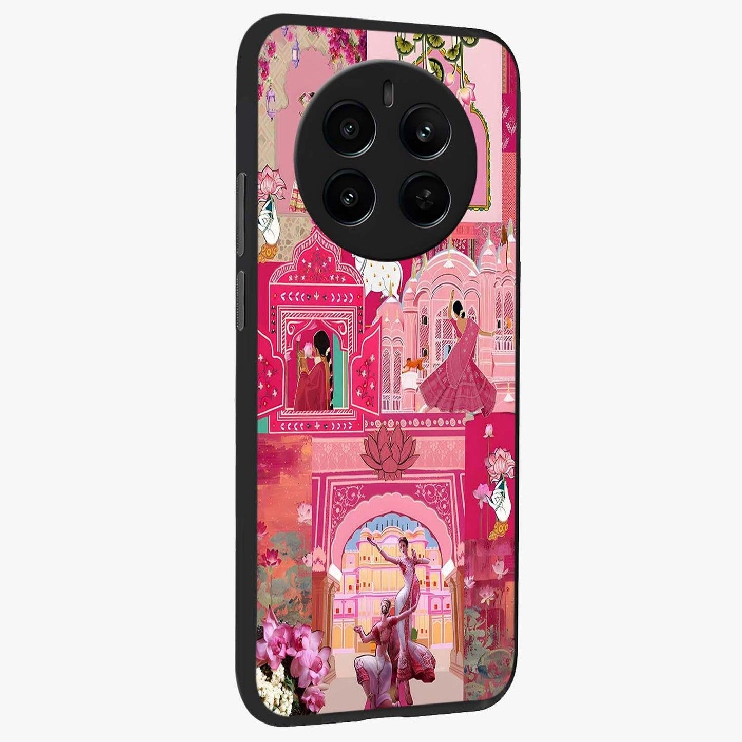 Blossoms of Rajasthan Glass Case upright view showcasing colorful floral design inspired by traditional Indian art.
