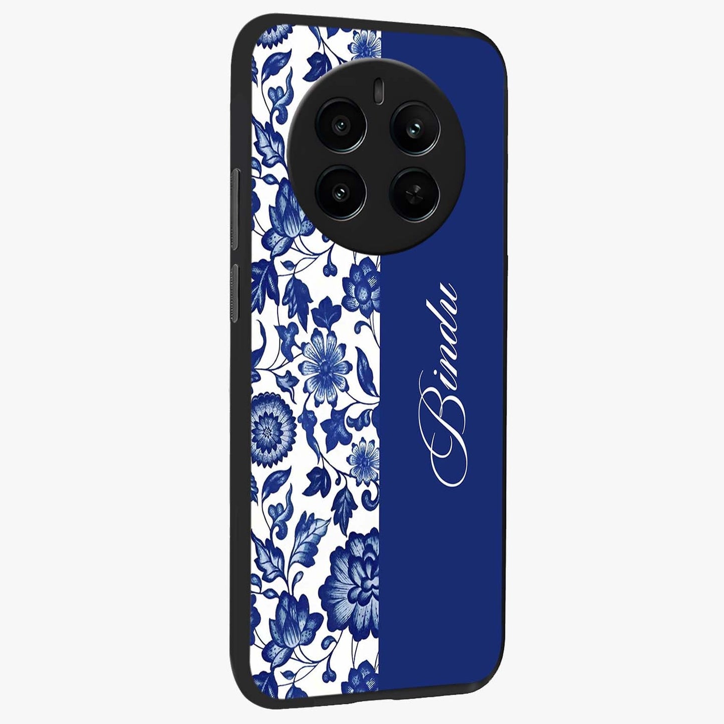 Blue Vintage Floral Pattern Glass Case upright view showcasing delicate blush floral texture with modern minimal style.