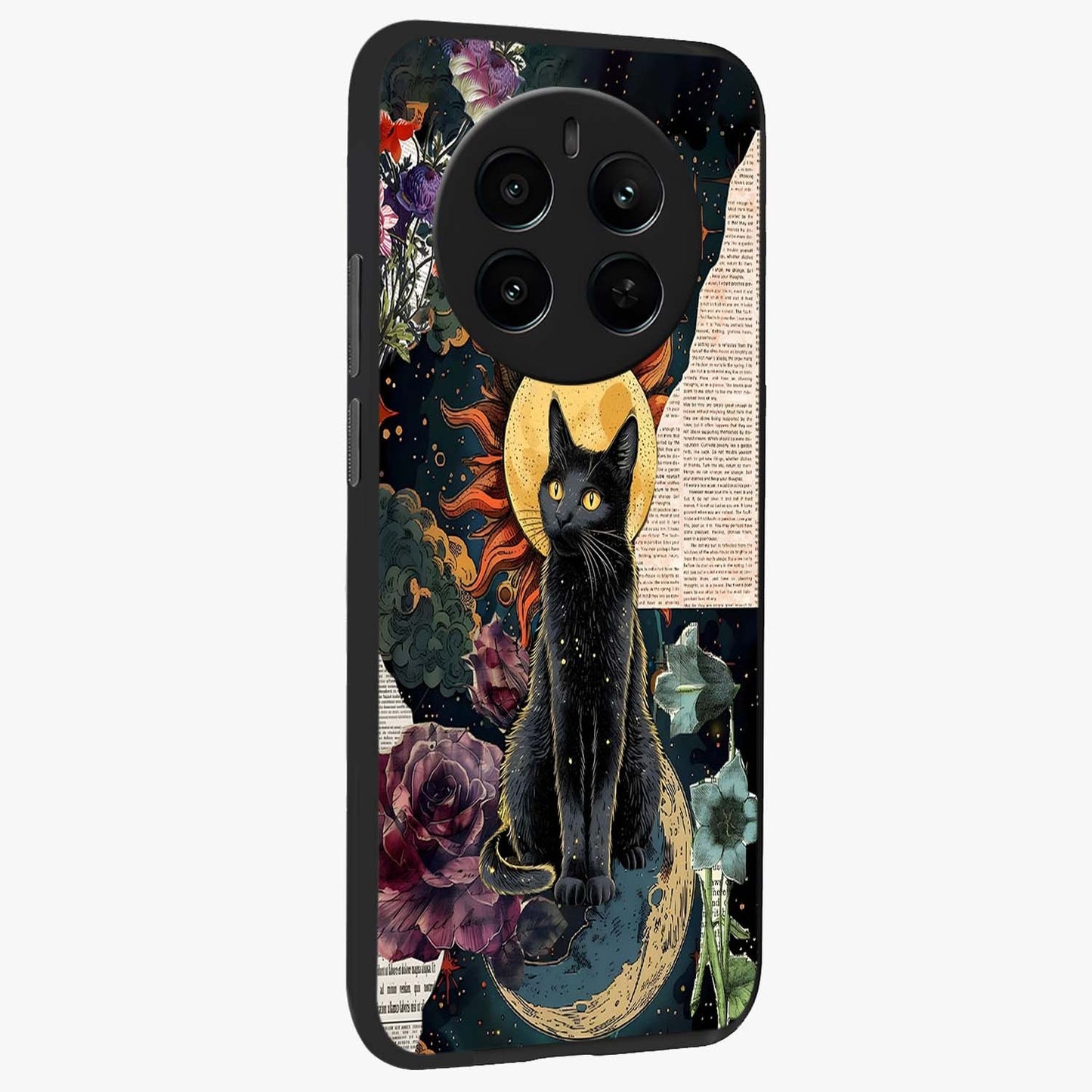 Celestial Black Cat Glass Case upright view showcasing magical black cat illustration with starry cosmic theme.