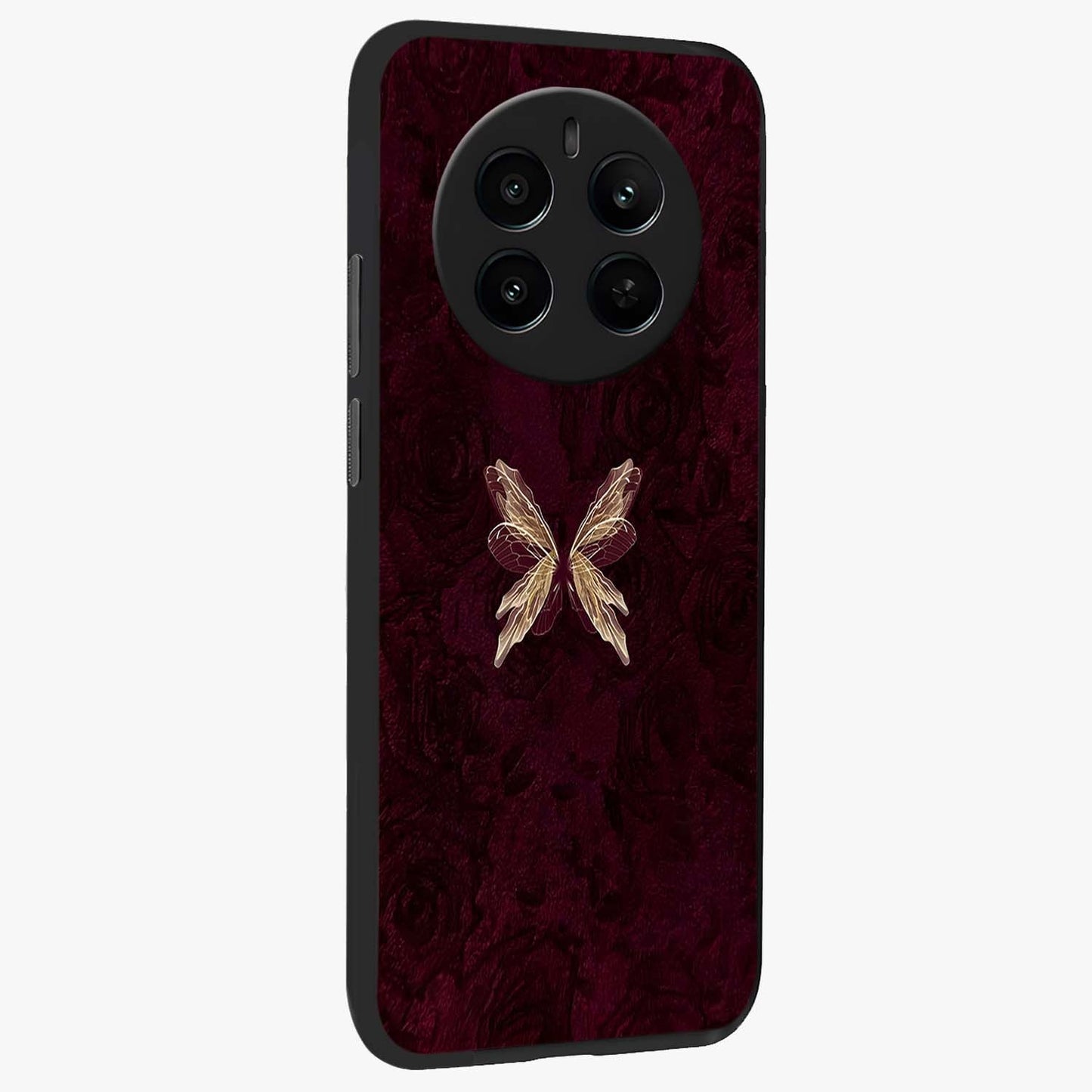 Crimson Fade Butterfly Glass Case upright view showcasing graceful butterfly artwork with soft crimson fade effect.