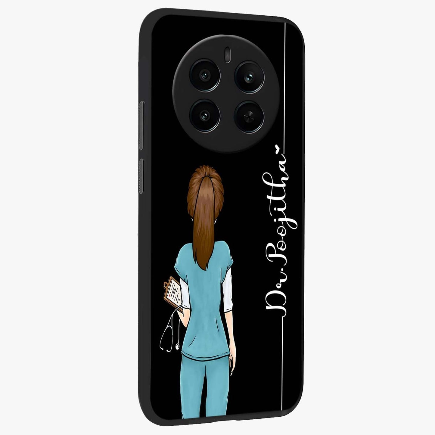 Doctor Pattern Custom Name Glass Case upright view showcasing healthcare themed design with personalized aesthetic.