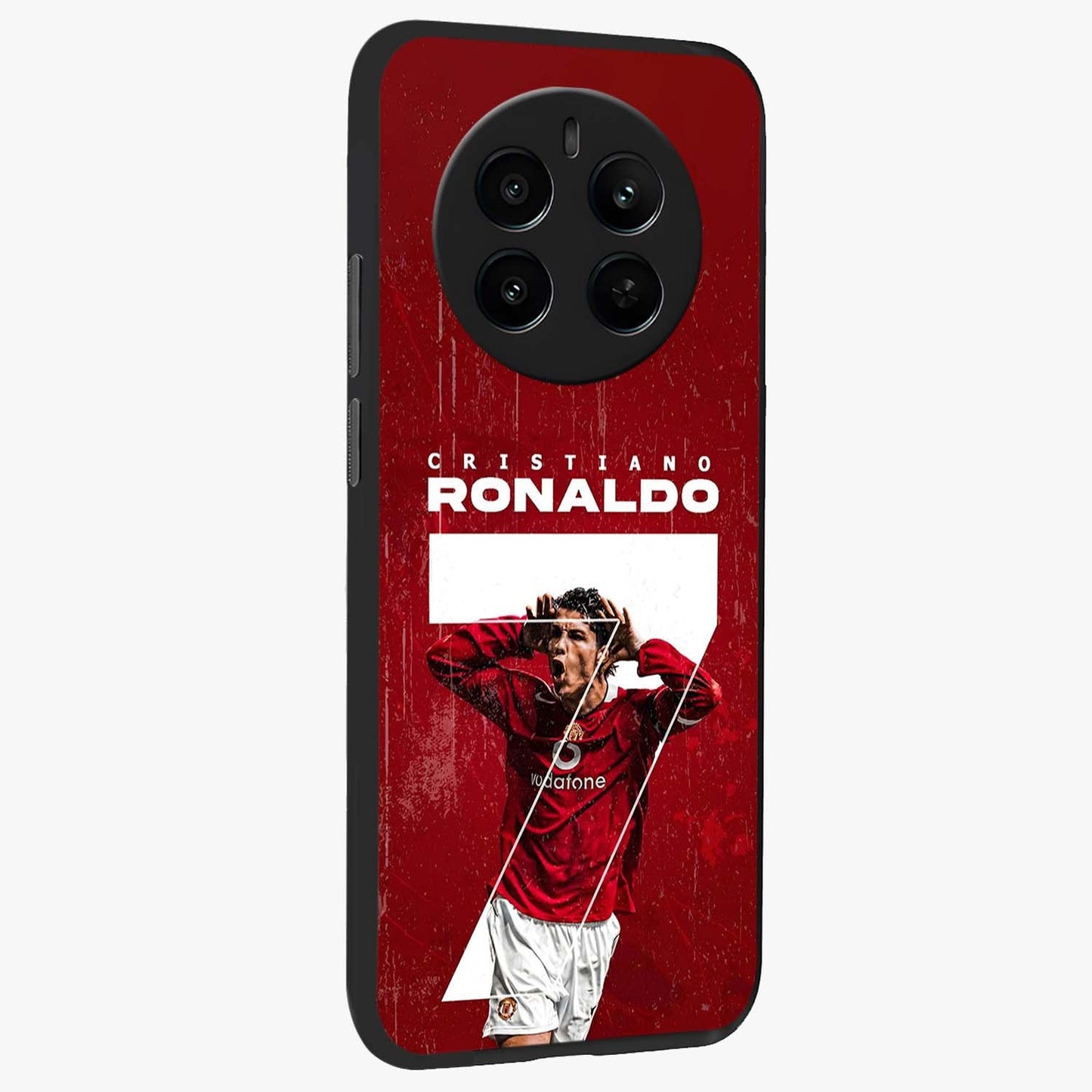 Goal Celebration Legacy Glass Case upright view showcasing dynamic football inspired artwork with victory celebration aesthetic.