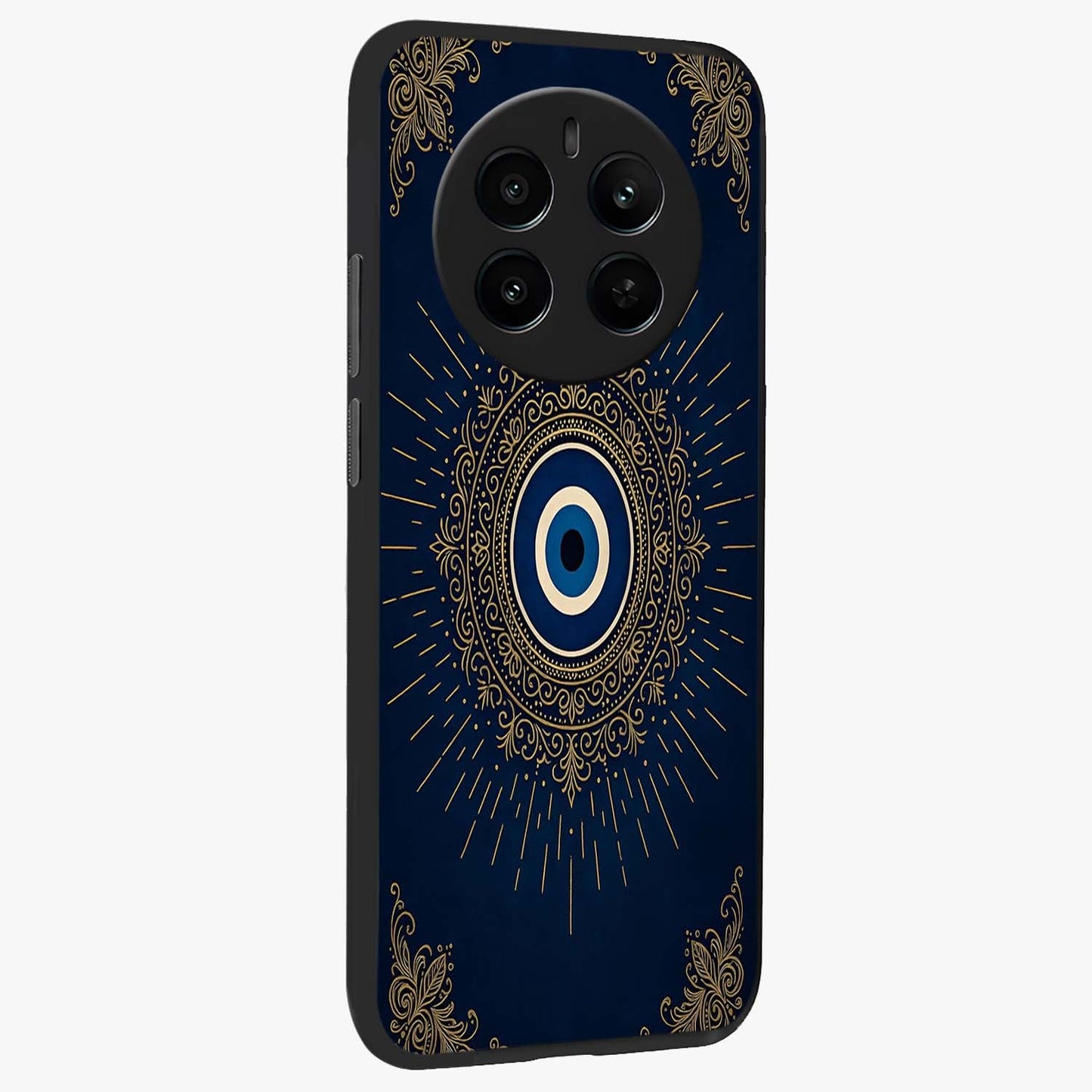 Golden Celestial Charm Glass Case upright view showcasing radiant celestial artwork with elegant golden theme.