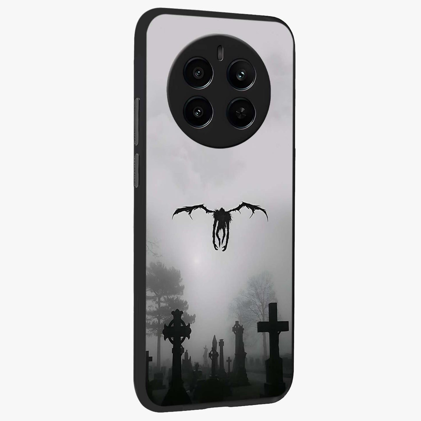Graveyard Shadow Descent Glass Case upright view showcasing haunting graveyard artwork with dramatic dark theme.
