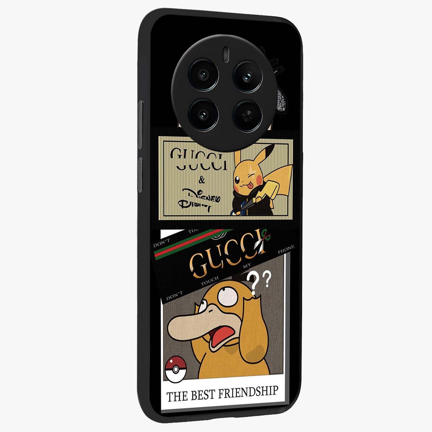 Gucci Play Mashup Glass Case upright view showcasing trendy luxury inspired artwork with modern fashion theme.