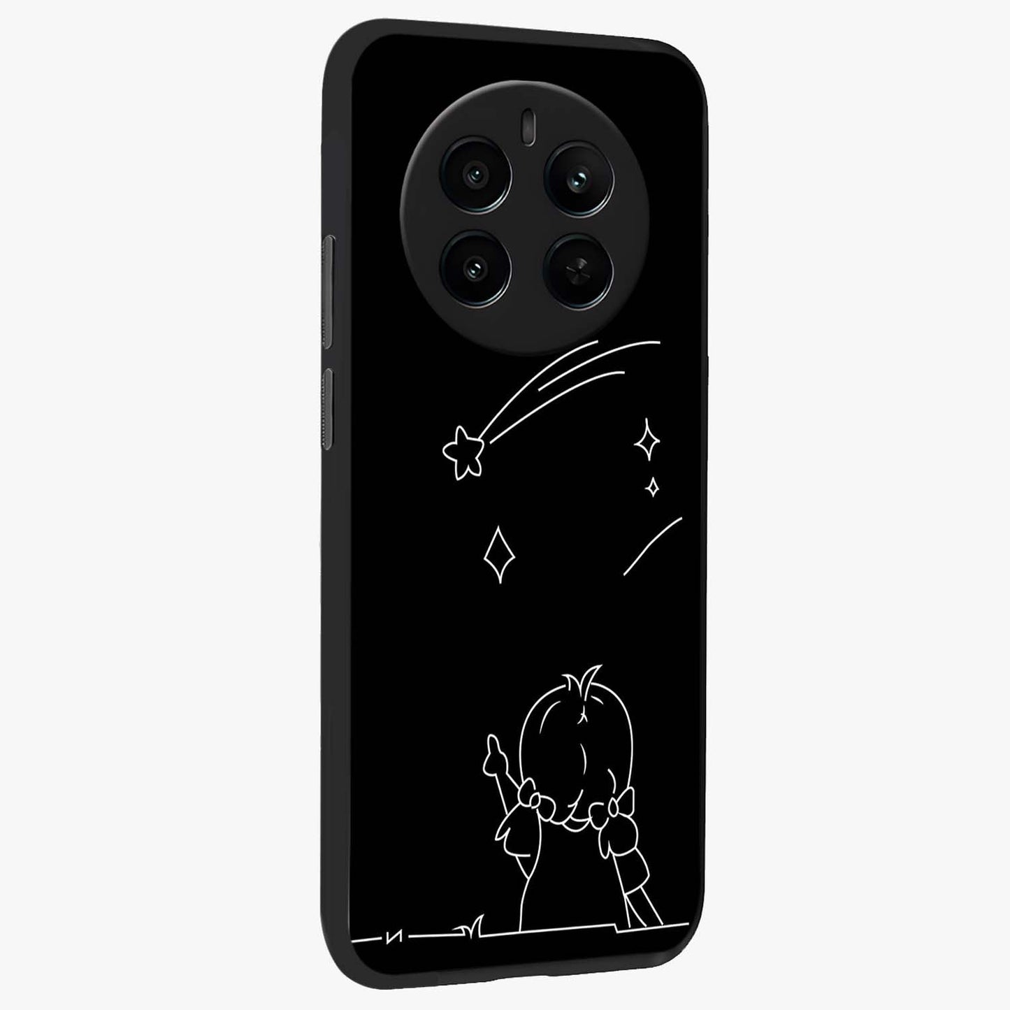 Line Art Girl With Shooting Stars Glass Case upright view showcasing delicate shooting stars artwork with minimal artistic theme.