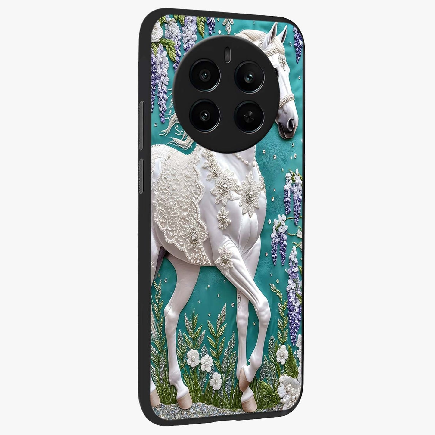 Majestic Floral Stallion Glass Case upright view showcasing dramatic horse artwork with decorative floral theme.