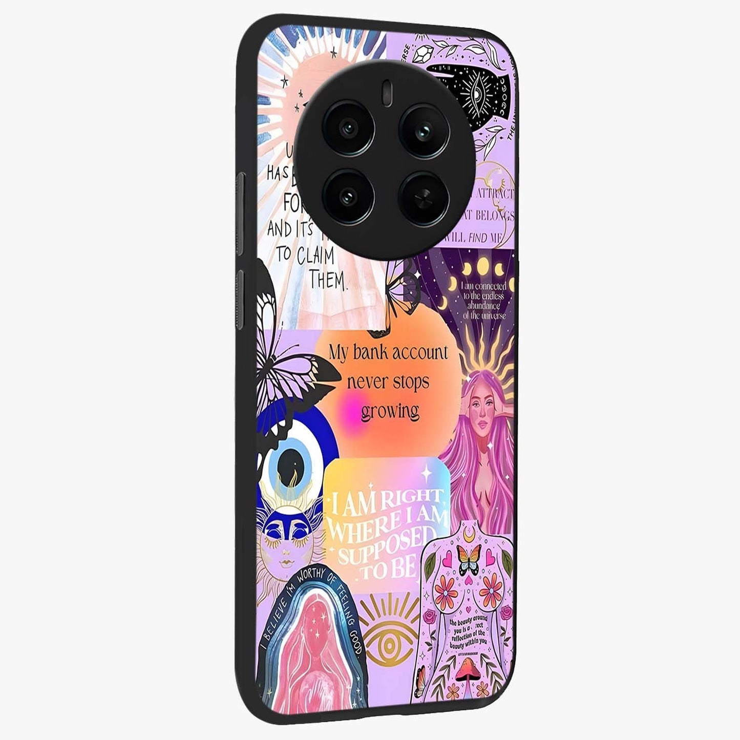 Manifestation Collage Glass Case upright view showcasing artistic manifestation themed artwork with creative style.