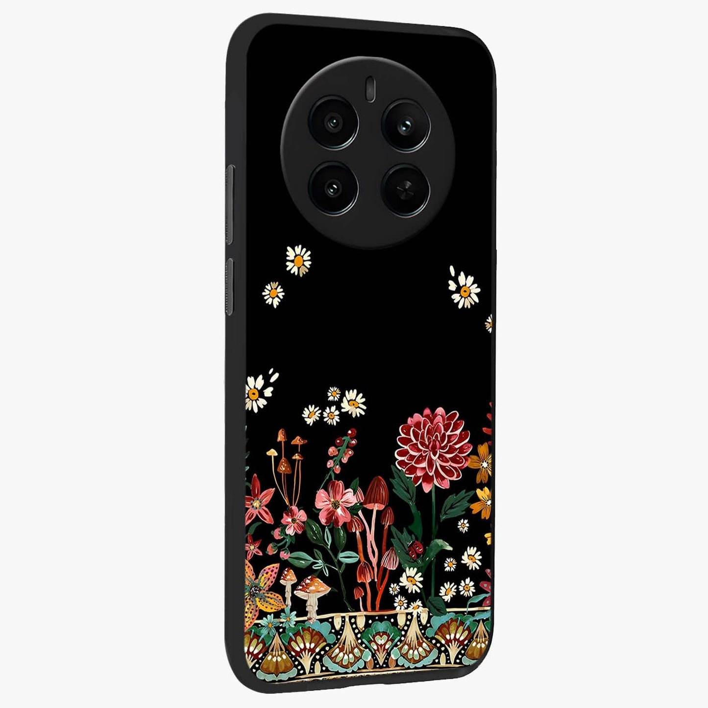 Midnight Bloom Pattern Glass Case upright view showcasing decorative floral artwork with deep night themed palette.