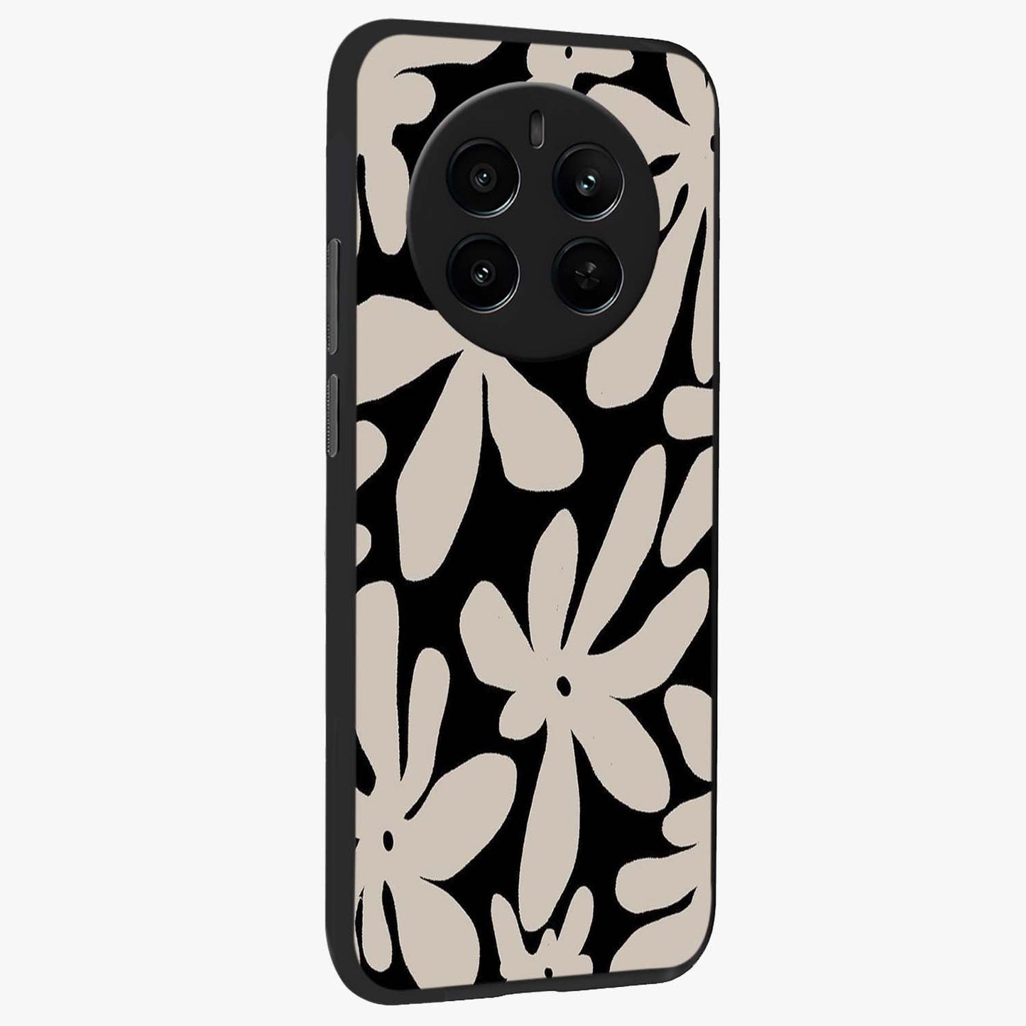 Monochrome Petal Dance Glass Case upright view showcasing artistic floral pattern with stylish monochrome theme.