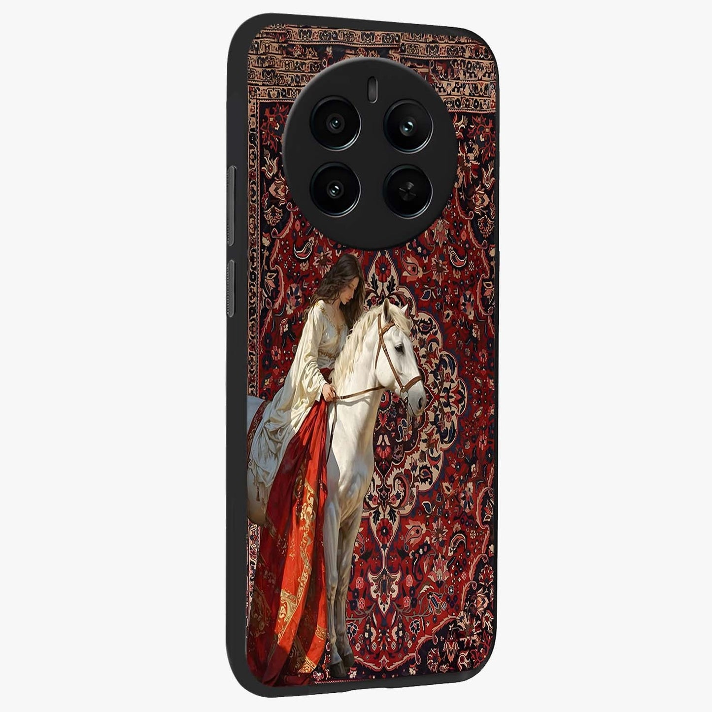 Royal Rider Tapestry Glass Case upright view showcasing detailed rider artwork with classic tapestry theme.
