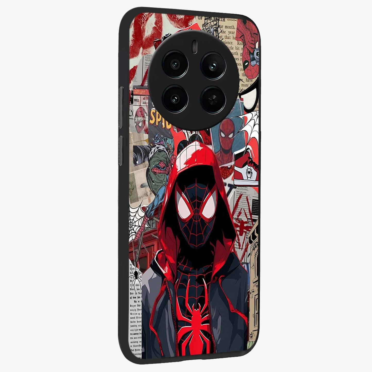 Spider Collage Street Glass Case upright view showcasing bold superhero artwork with urban street theme.