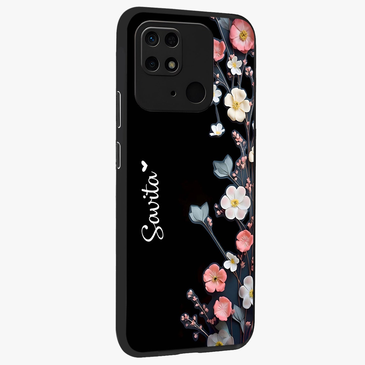 Black Elegance Floral Custom Name Glass Case upright view showcasing luxurious black floral design with personalized name detail.
