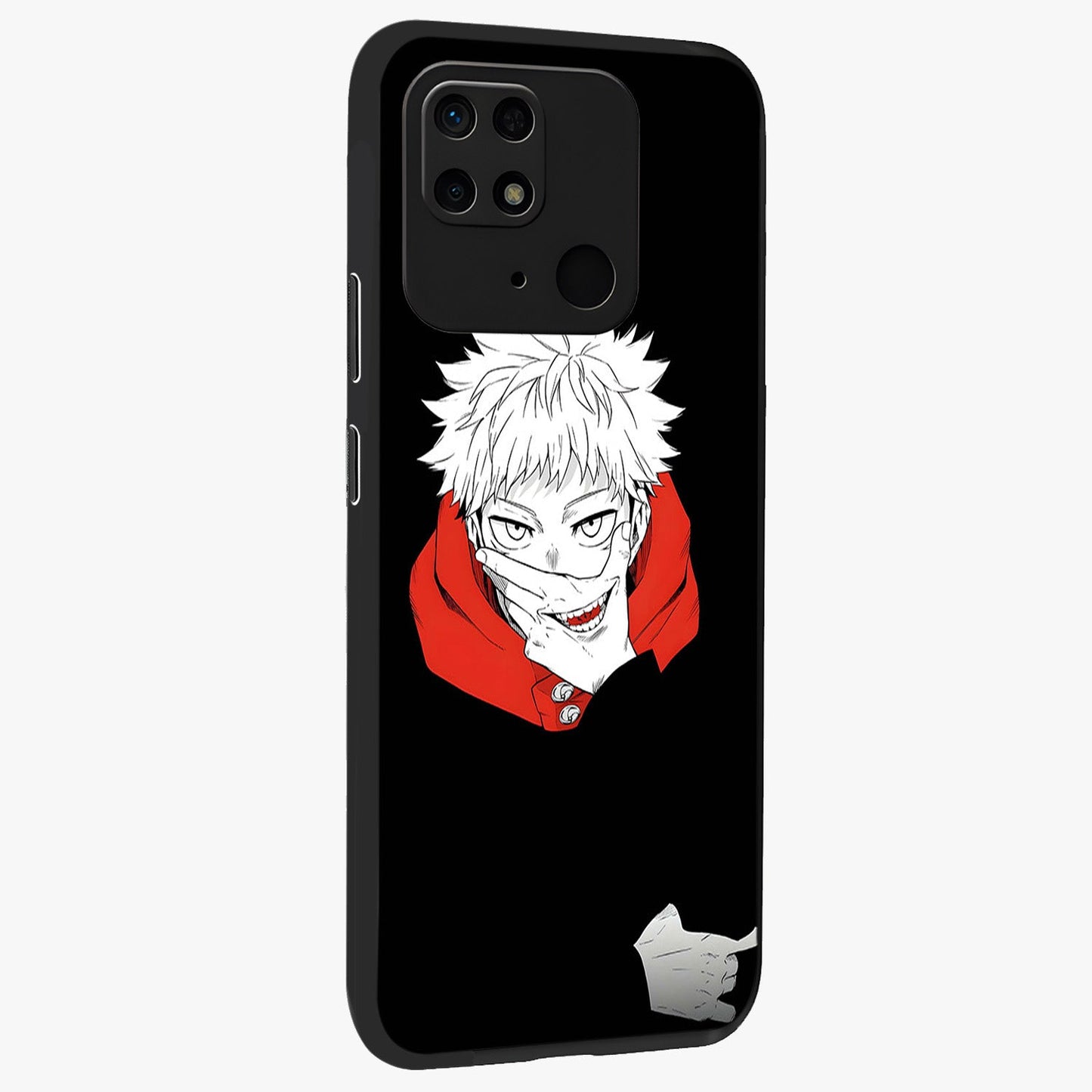Crimson Chaos Smile Glass Case upright view showcasing expressive chaotic artwork with striking visual theme.