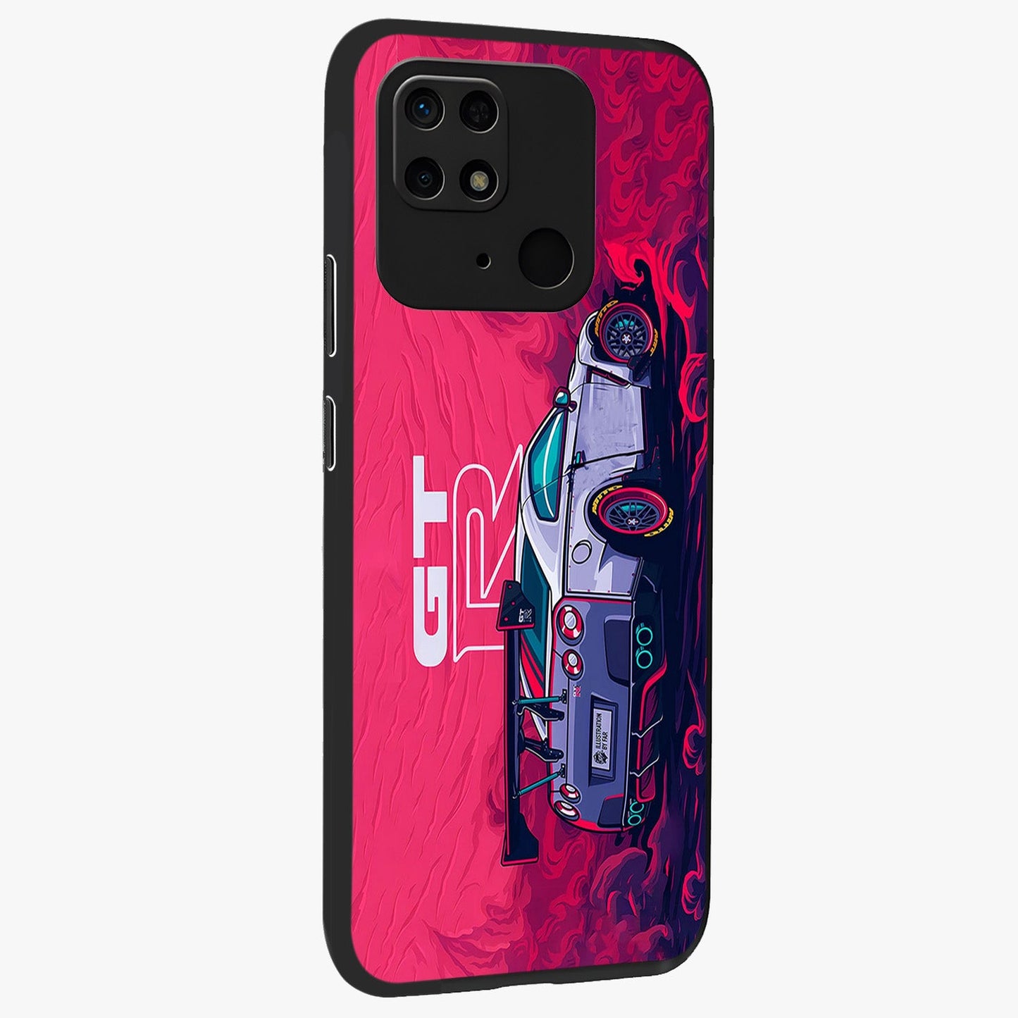 GT-R Car Pattern Glass Case upright view showcasing dynamic car pattern artwork with modern sports theme.