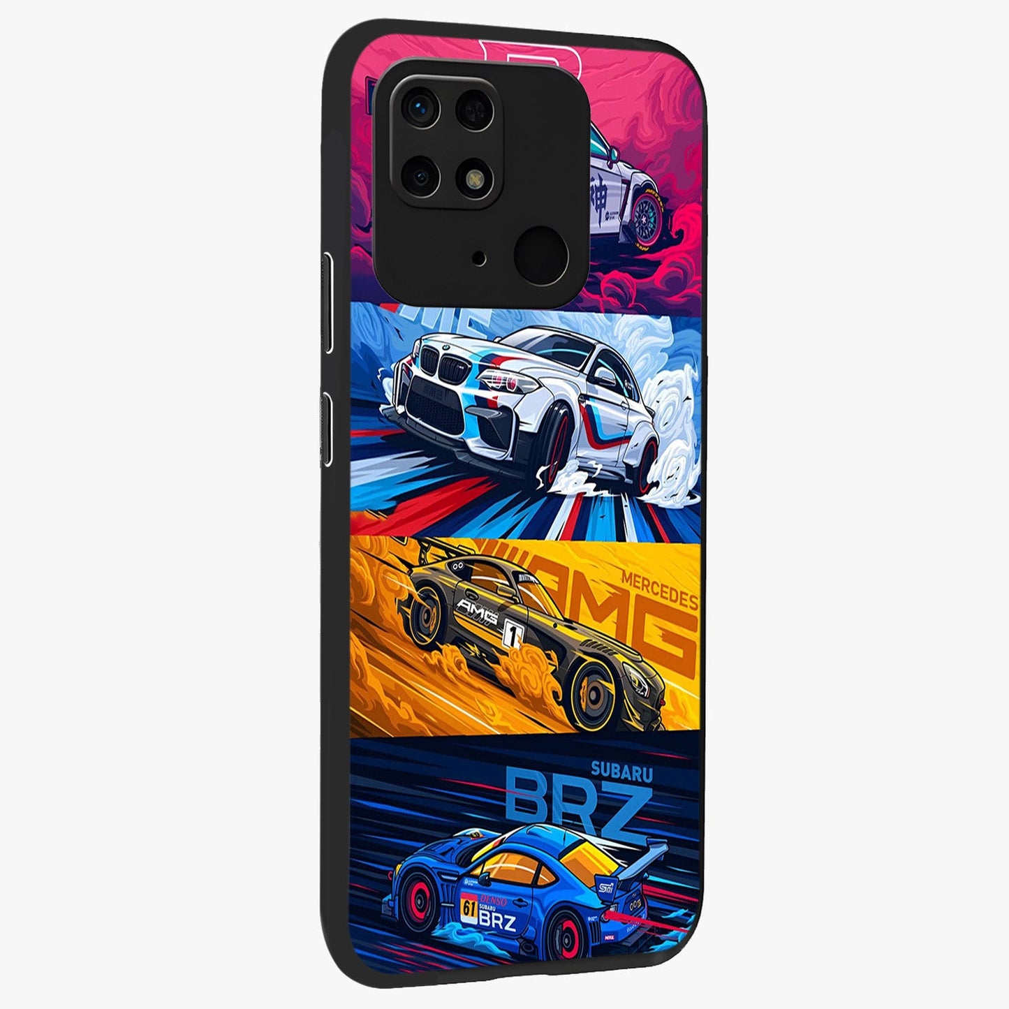 JDM Sports Car Glass Case upright view showcasing dynamic sports car artwork with bold racing theme.