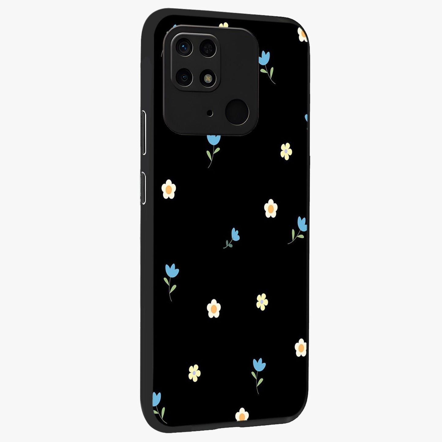 Minimal Petal Whispers Glass Case upright view showcasing elegant floral artwork with modern minimalist style.