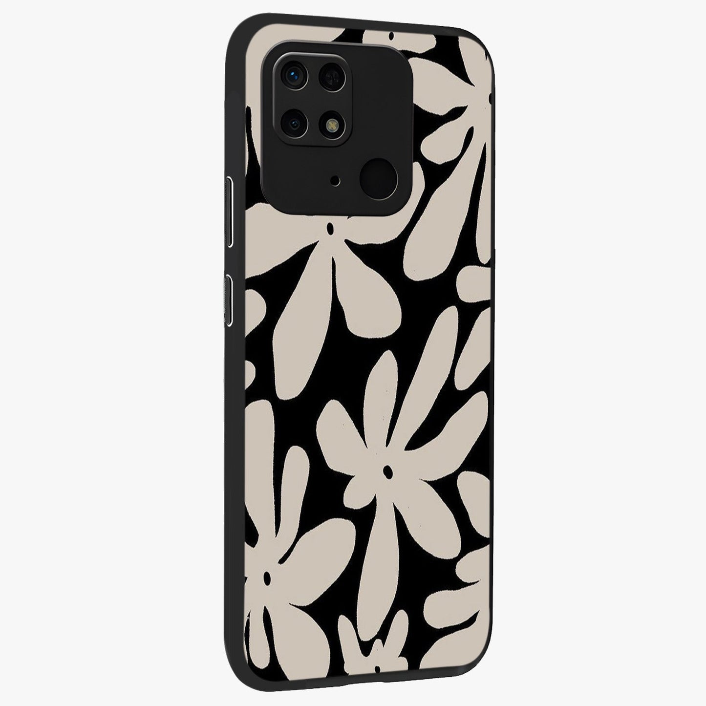 Monochrome Petal Dance Glass Case upright view showcasing artistic floral pattern with stylish monochrome theme.