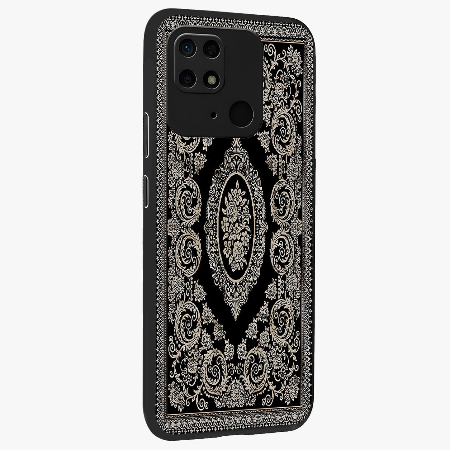 Noir Bloom Elegance Glass Case upright view showcasing graceful floral artwork with luxurious dark theme.