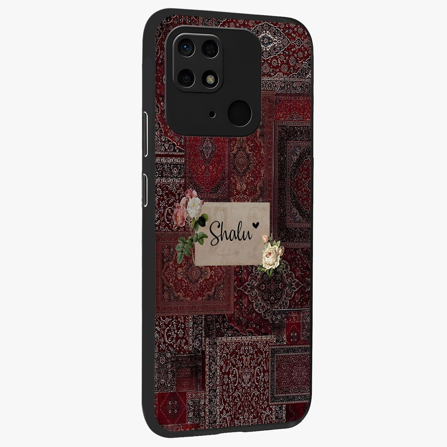 Velvet Wine Pattern Custom Name Glass Case upright view showcasing luxurious wine toned artwork with personalized aesthetic.