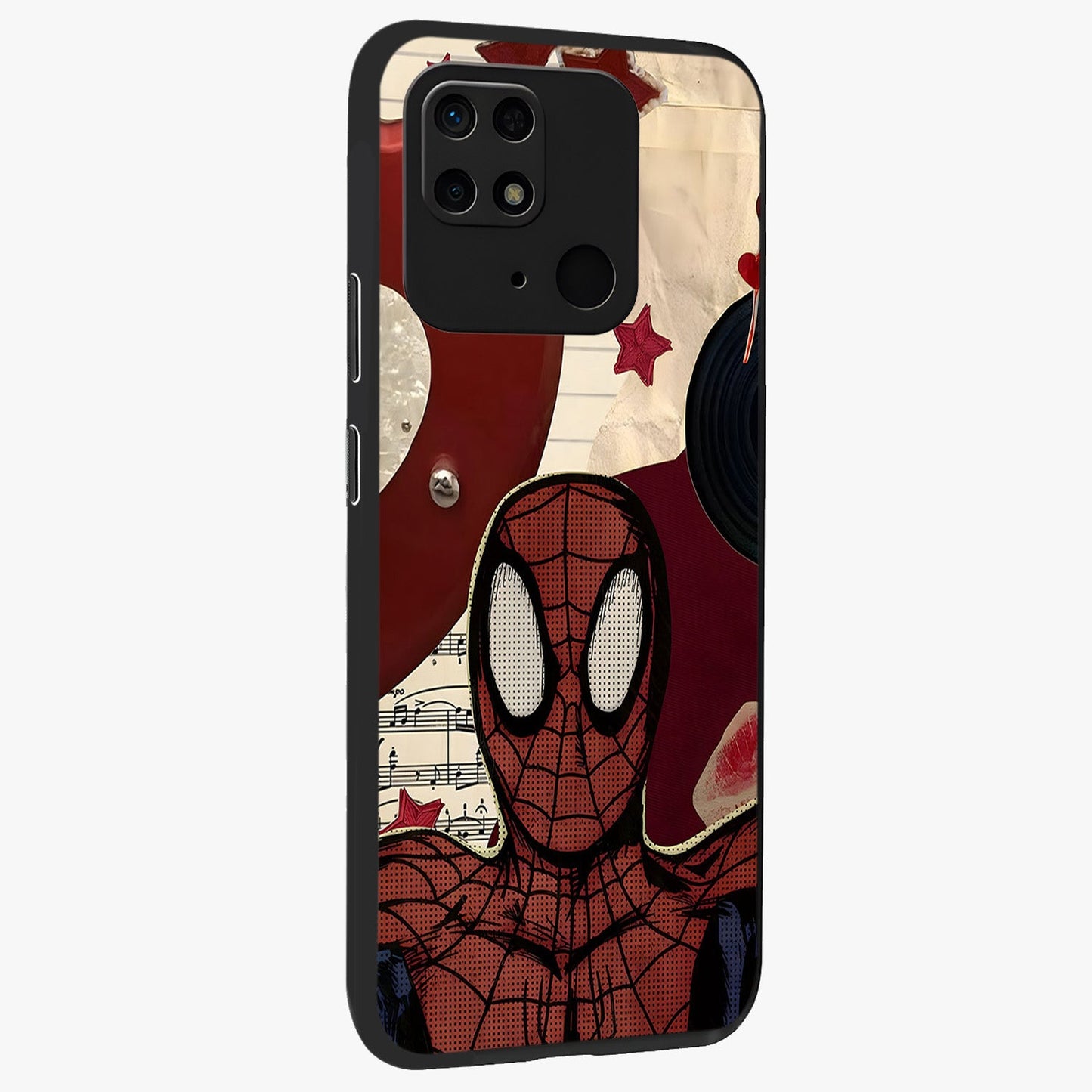 Web Warrior Vibes Glass Case upright view showcasing energetic superhero artwork with bold action theme.