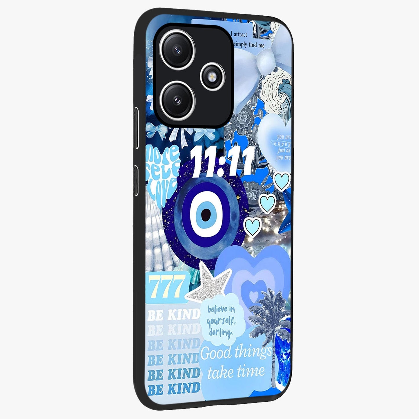 Aesthetic Be Kind Eye Glass Case upright view showcasing stylish eye illustration with positive message theme.