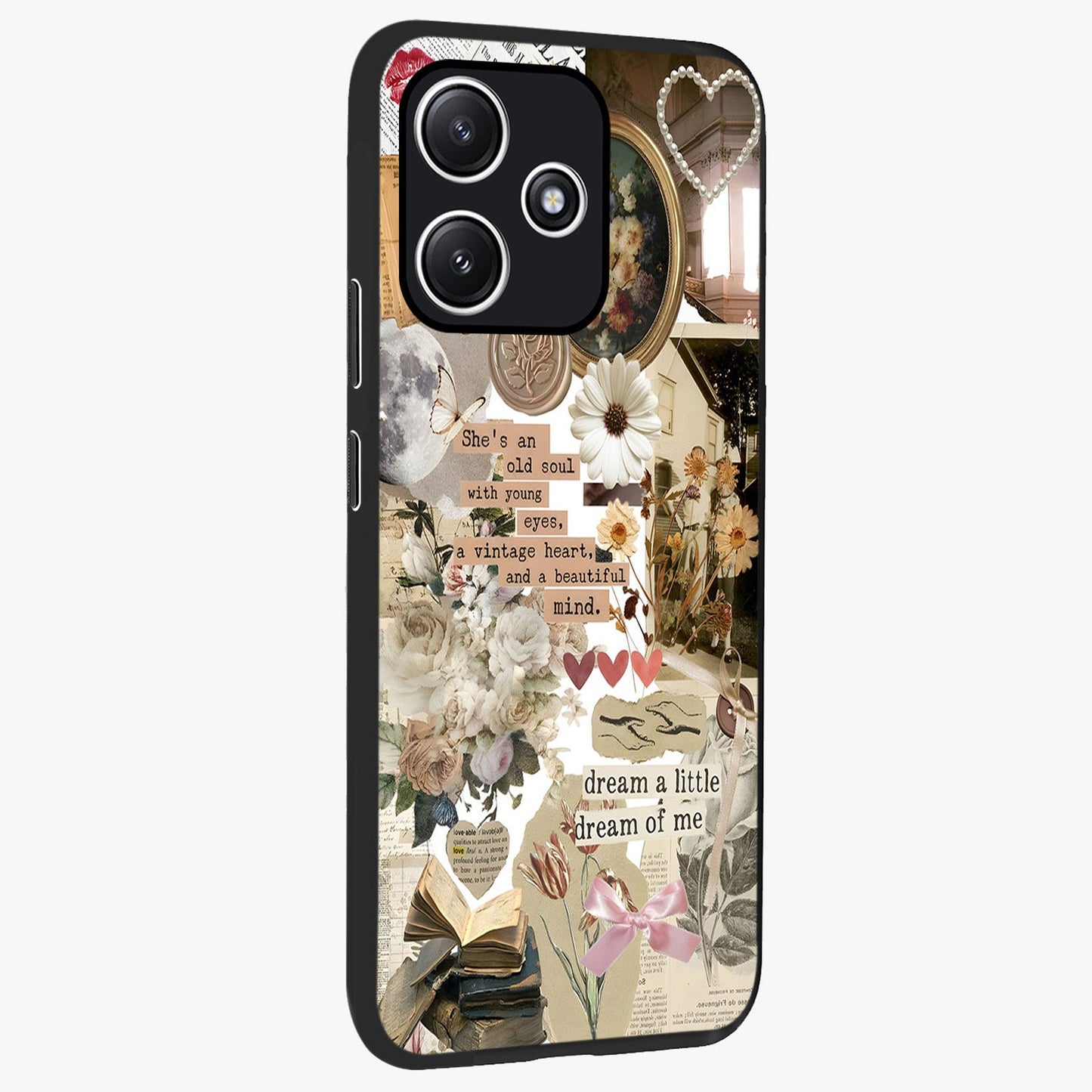Aesthetic Brown Vintage Collage Glass Case upright view showcasing nostalgic retro artwork with stylish vintage theme.