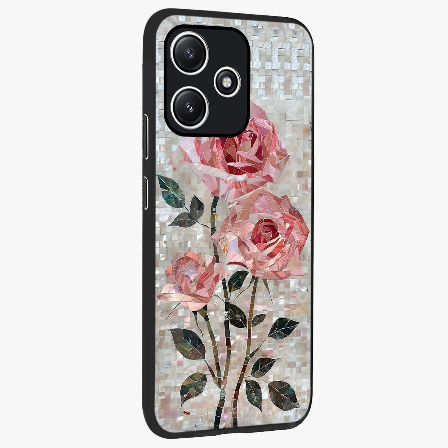 Blush Mosaic Bloom Glass Case upright view showcasing decorative floral mosaic artwork with stylish modern aesthetic.