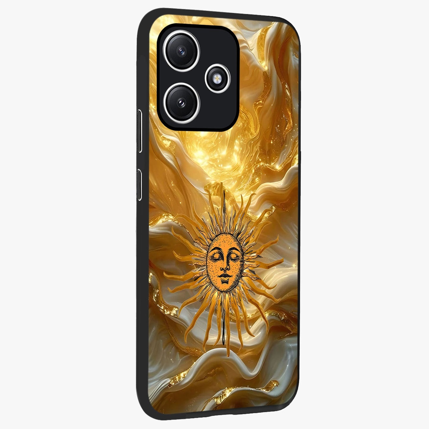 Eternal Golden Glow Glass Case upright view showcasing luminous golden artwork with luxurious visual theme.