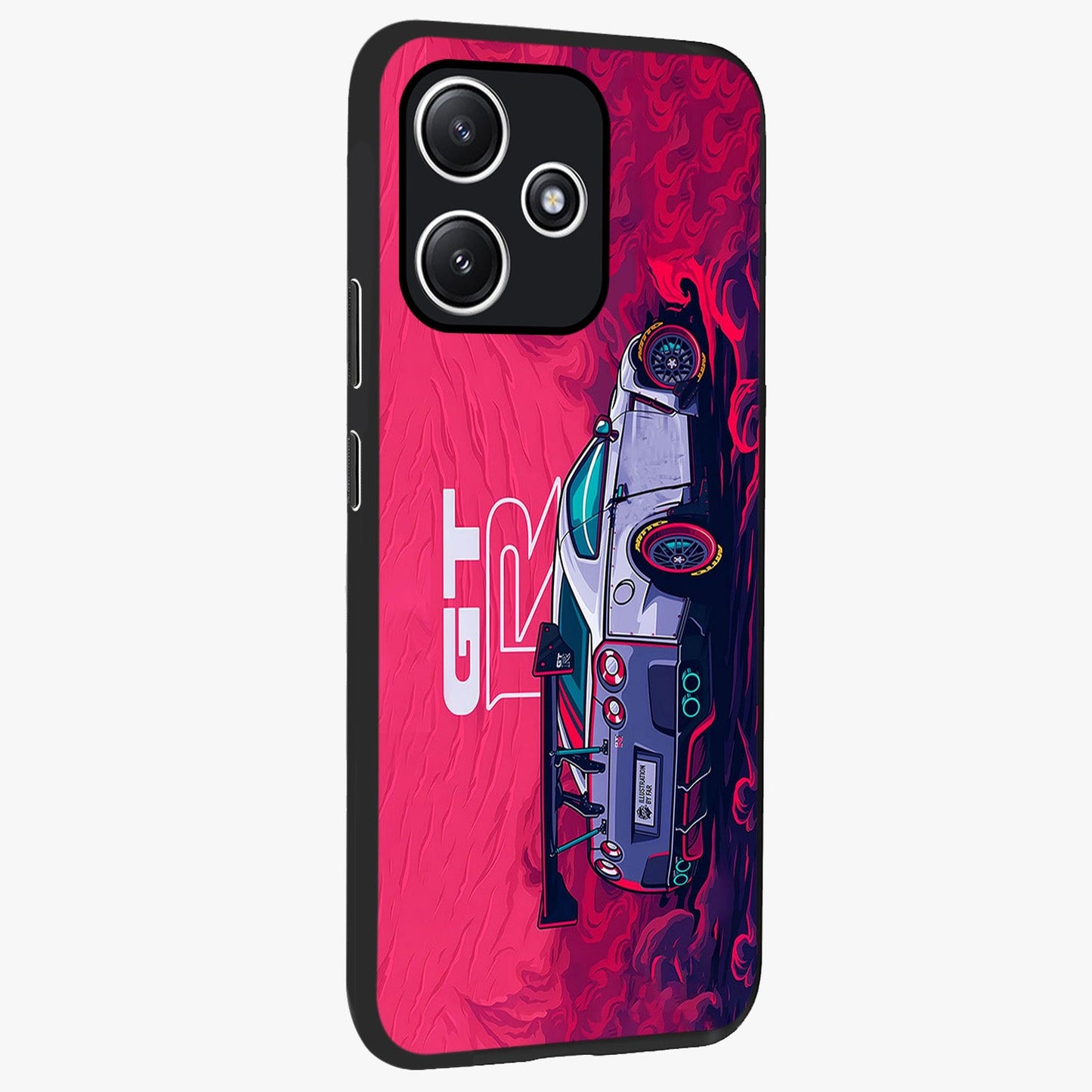 GT-R Car Pattern Glass Case upright view showcasing dynamic car pattern artwork with modern sports theme.