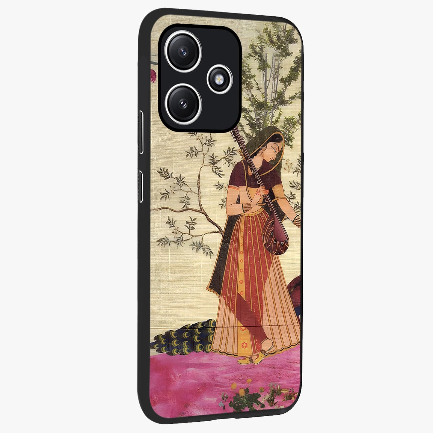 Lady With Veena Art Glass Case upright view showcasing classical veena artwork with traditional artistic theme.
