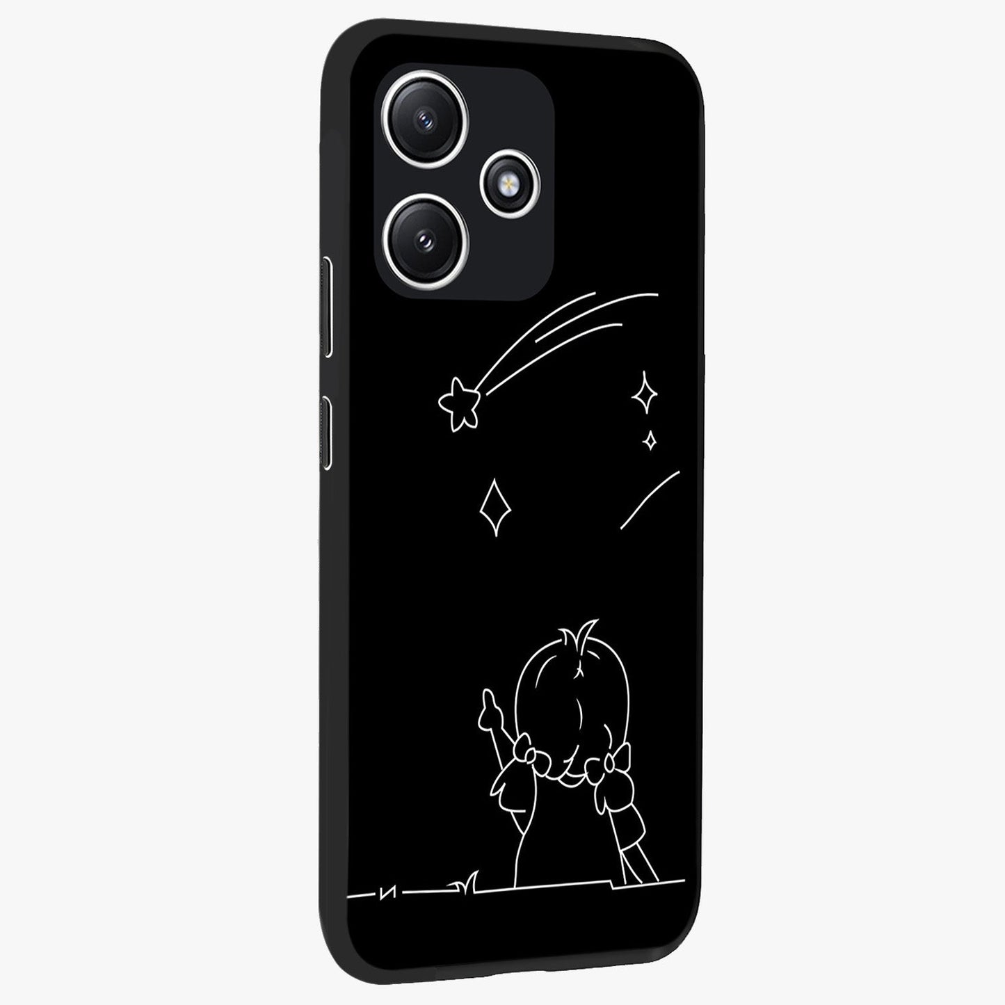 Line Art Girl With Shooting Stars Glass Case upright view showcasing delicate shooting stars artwork with minimal artistic theme.