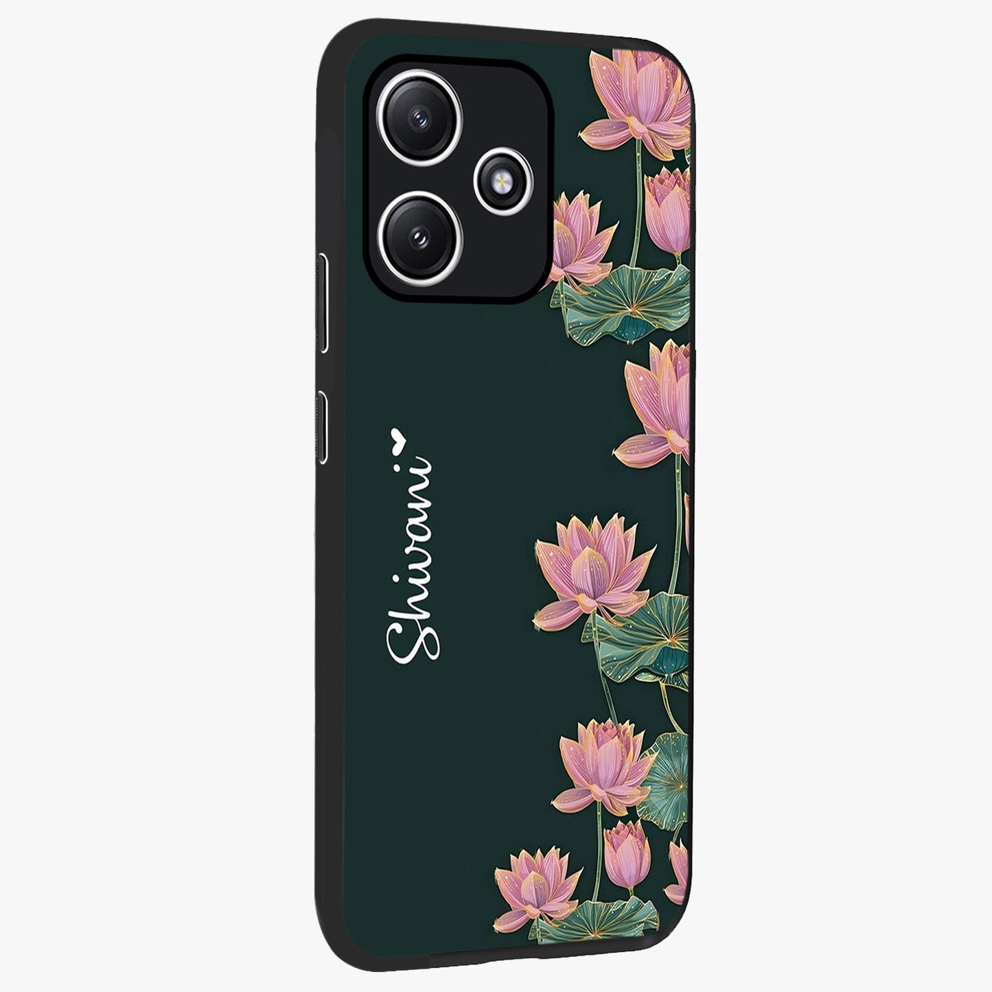 Lotus Bloom Serenity Custom Name Glass Case upright view showcasing serene lotus bloom artwork with personalized floral aesthetic.