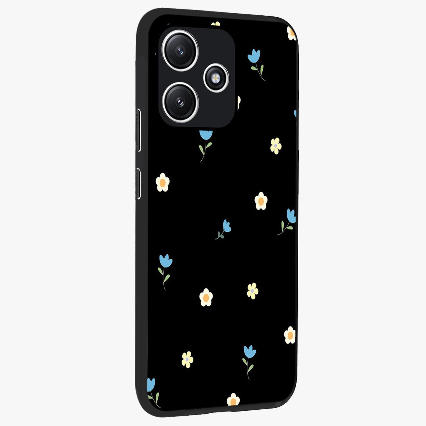 Minimal Petal Whispers Glass Case upright view showcasing elegant floral artwork with modern minimalist style.