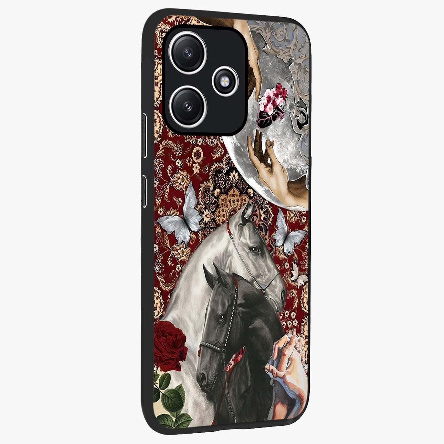 Moonlit Royal Stallion Glass Case upright view showcasing dramatic horse artwork with glowing moon themed design.