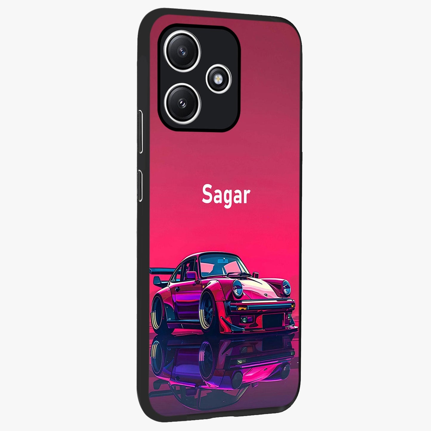 Neon Pink Porsche Glass Case upright view showcasing vibrant sports car artwork with bold automotive theme.