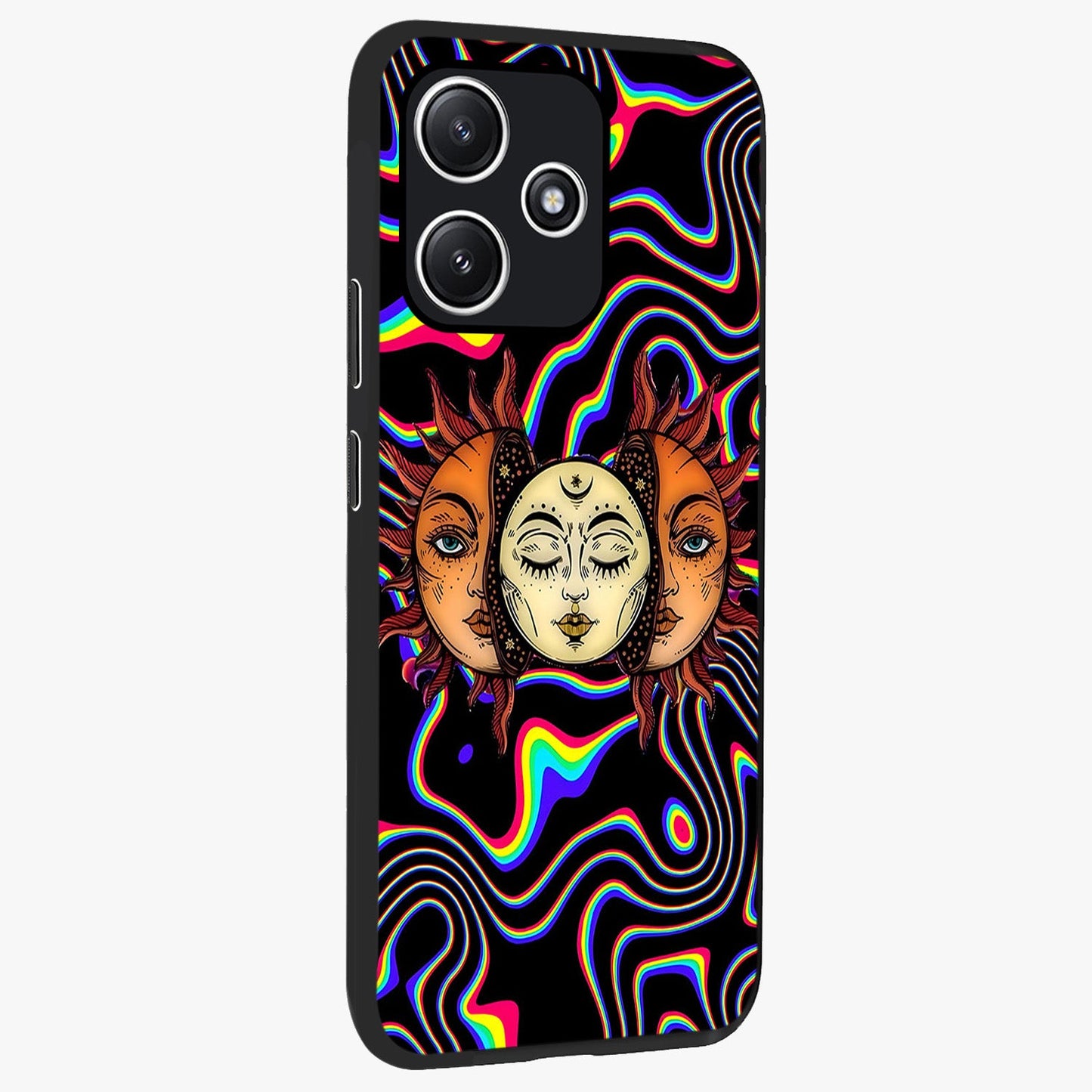 Psychedelic Sun Glass Case upright view showcasing trippy sun artwork with bold psychedelic theme.