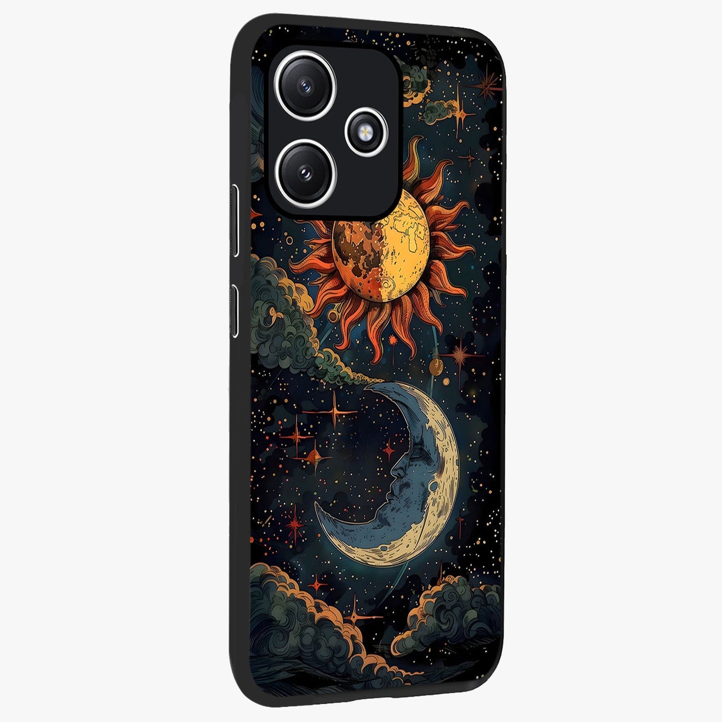 Sun And Moon Magic Design Glass Case upright view showcasing decorative sun and moon artwork with spiritual celestial theme.