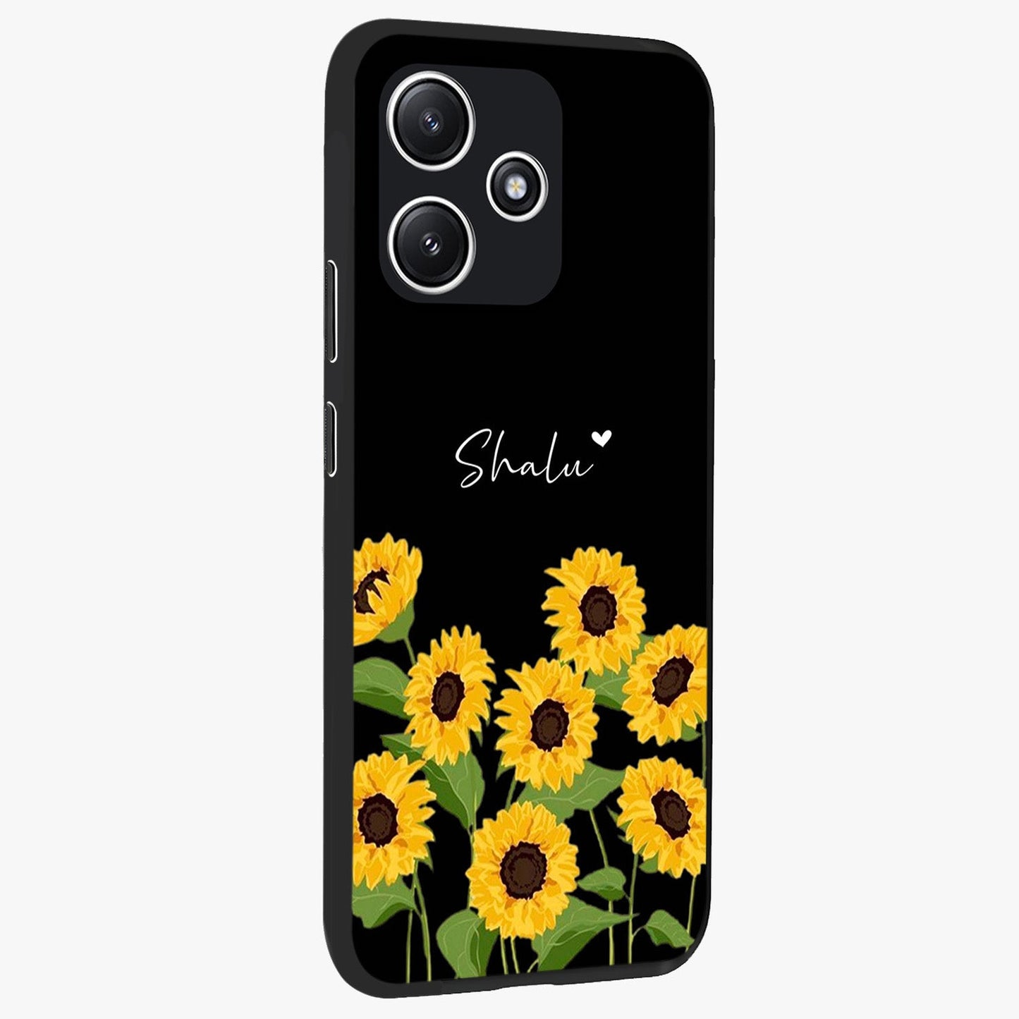 Sunflower Chic Mood Custom Name Glass Case upright view showcasing cheerful sunflower artwork with trendy floral theme.