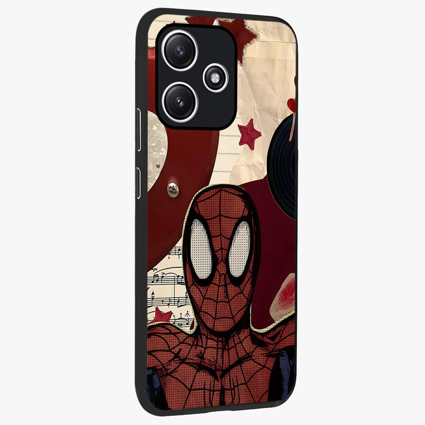 Web Warrior Vibes Glass Case upright view showcasing energetic superhero artwork with bold action theme.