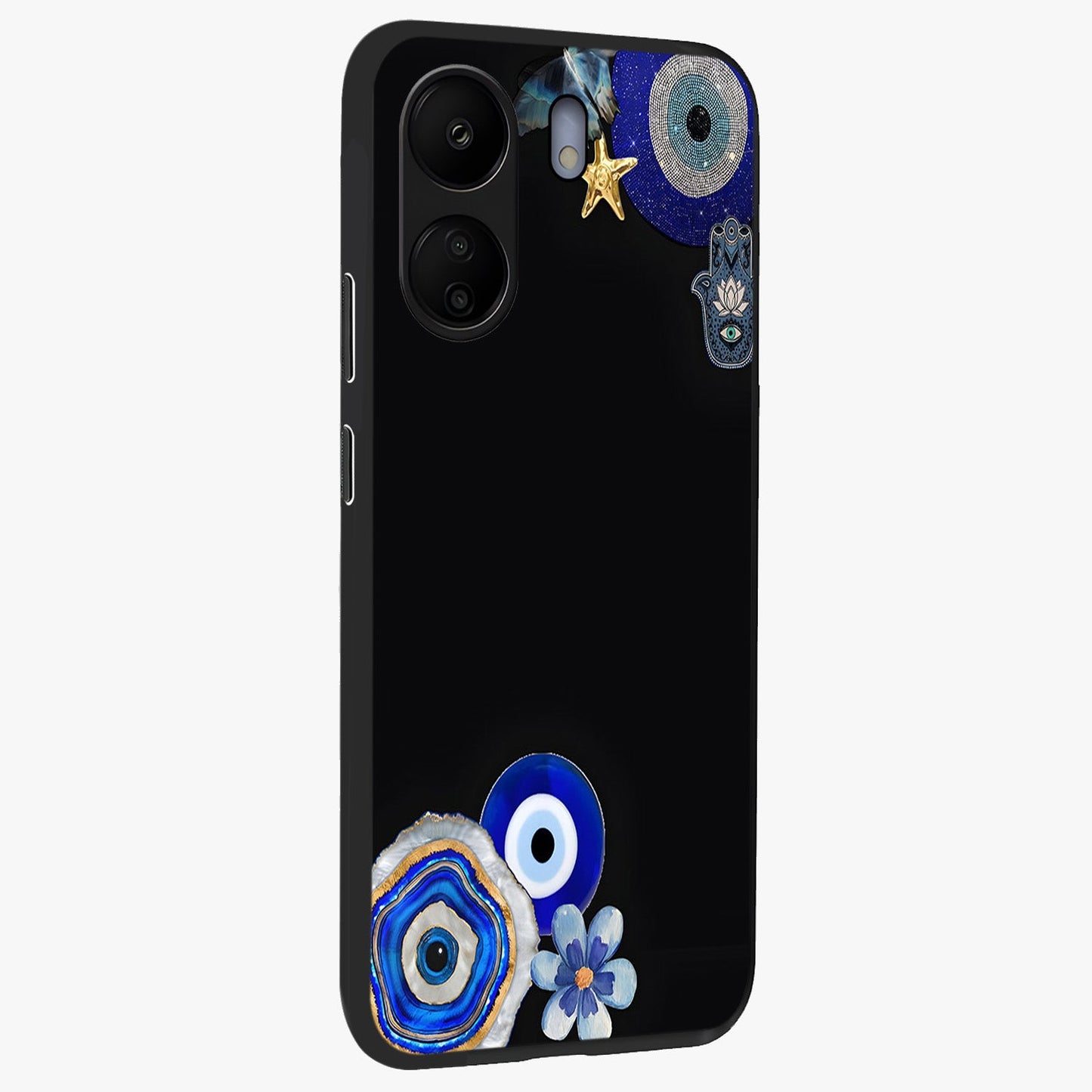 Aesthetic Blue Evil Eye Glass Case upright view showcasing mystical evil eye graphic with minimal aesthetic style.