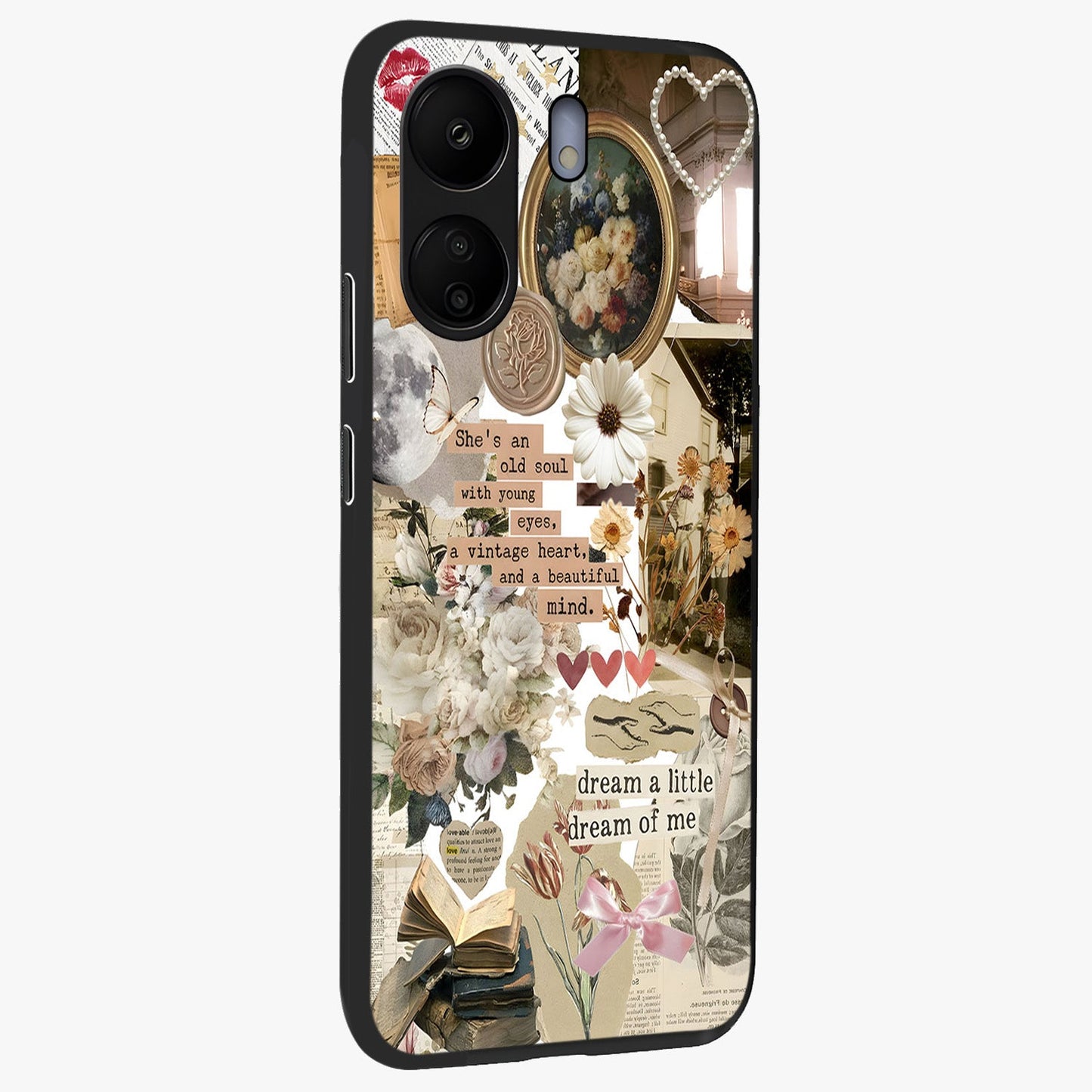 Aesthetic Brown Vintage Collage Glass Case upright view showcasing nostalgic retro artwork with stylish vintage theme.