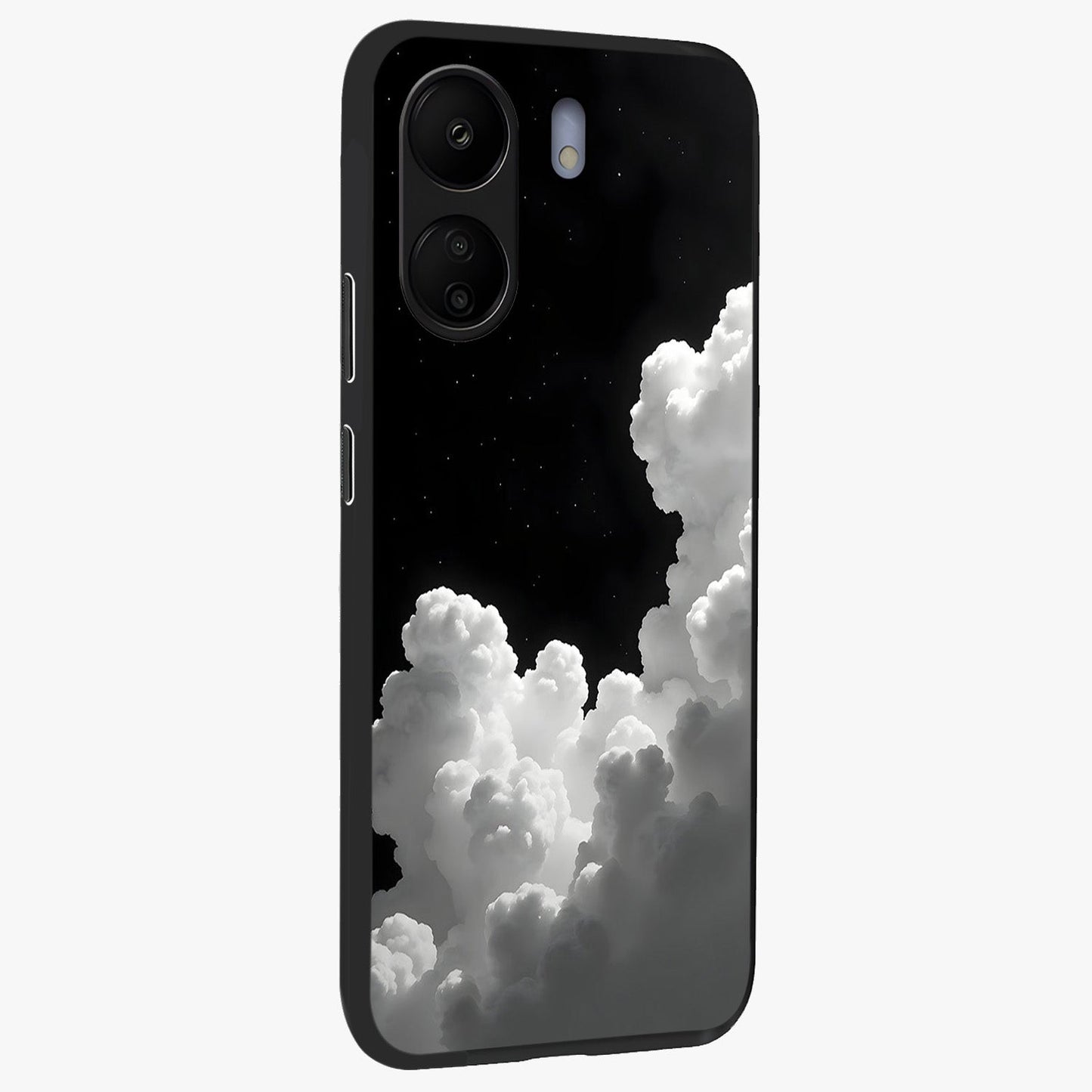 Black Background With White Cloud Glass Case upright view showcasing calm cloud aesthetic with modern minimal style.