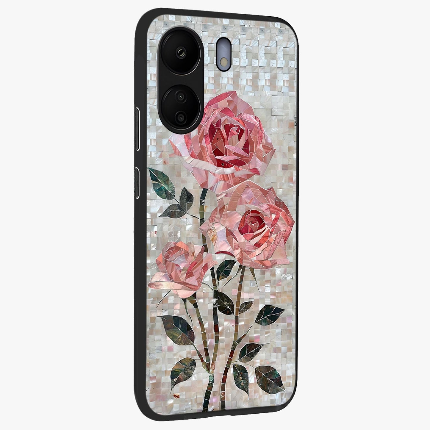 Blush Mosaic Bloom Glass Case upright view showcasing decorative floral mosaic artwork with stylish modern aesthetic.
