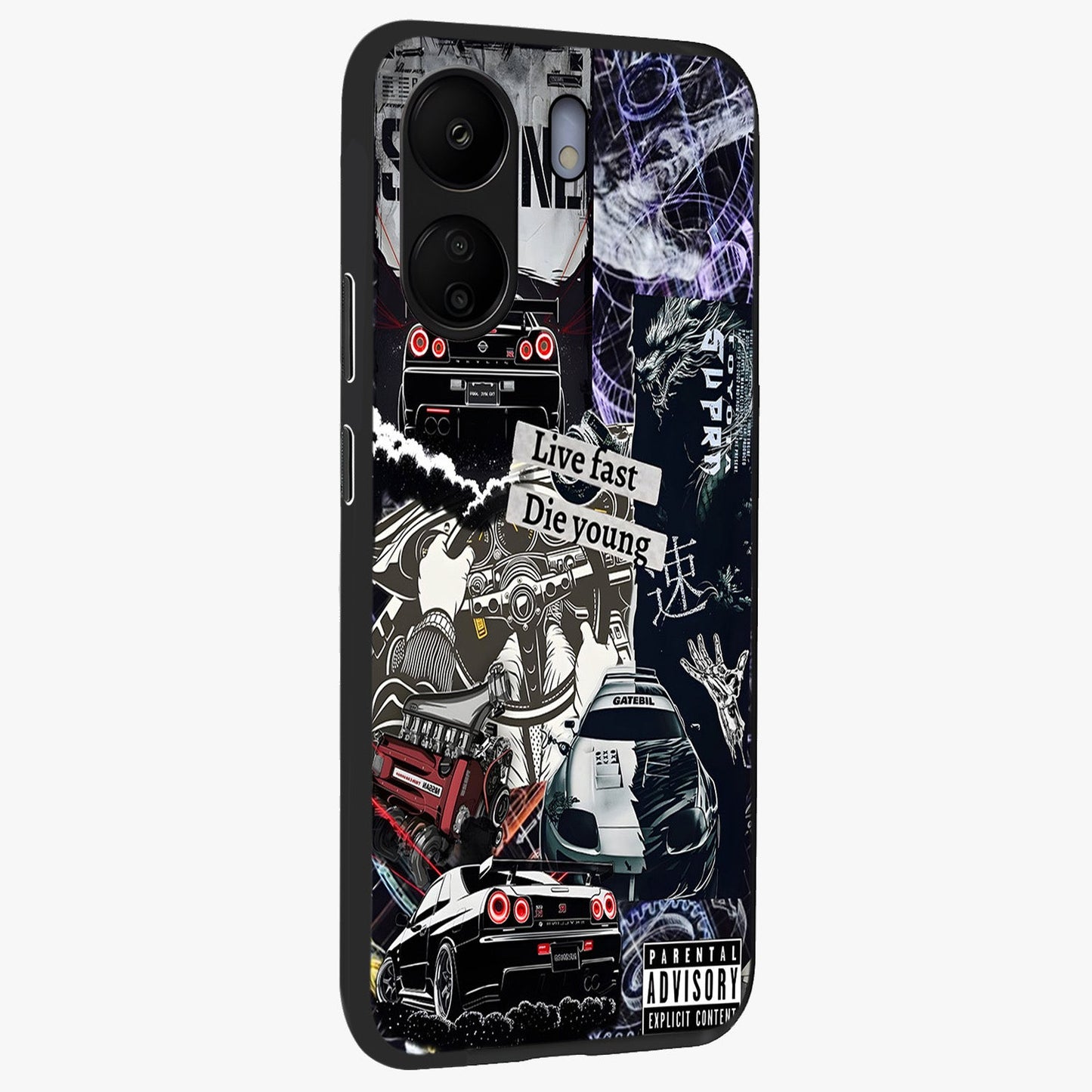 Die Young Glass Case upright view showcasing striking typography artwork with modern statement theme.