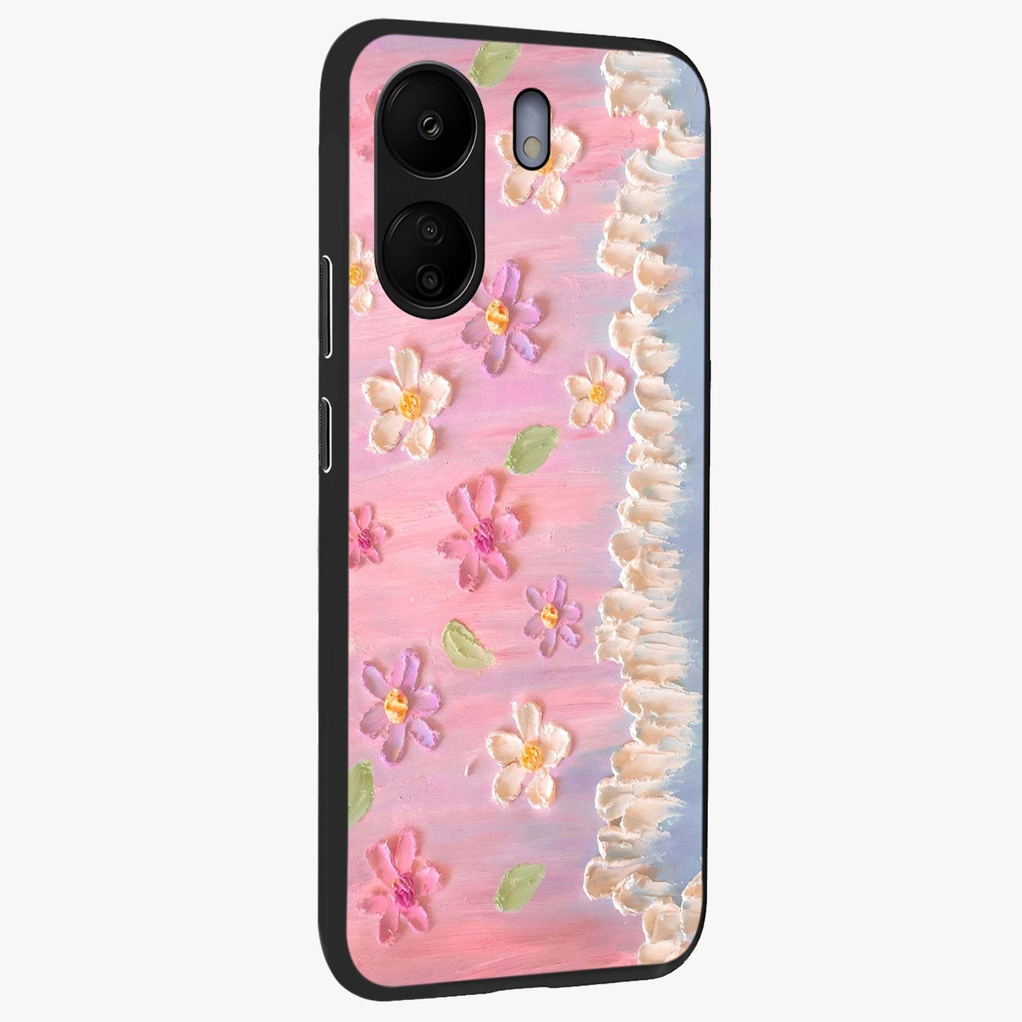 Dreamy Painted Garden Glass Case upright view showcasing vibrant floral garden artwork with artistic nature theme.