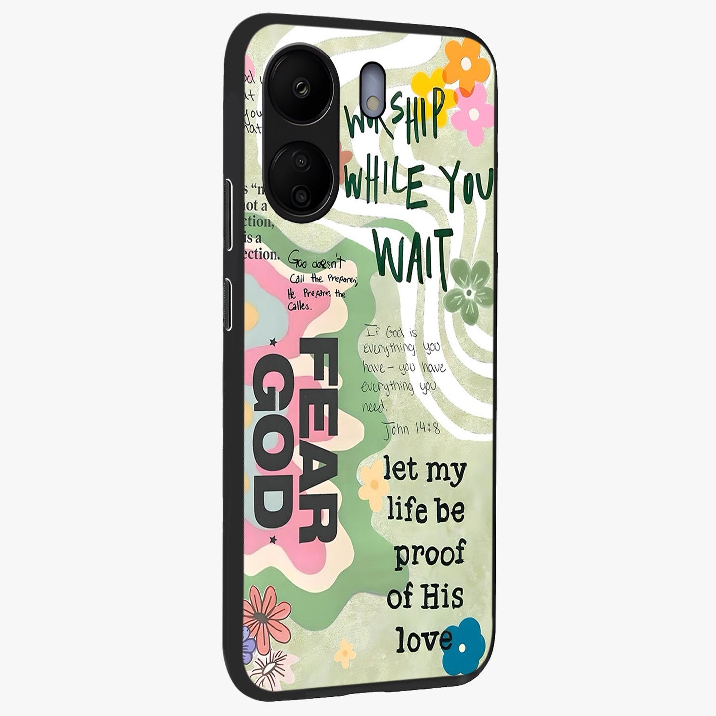 Faith Over Fear Glass Case upright view showcasing bold typography artwork with uplifting motivational theme.