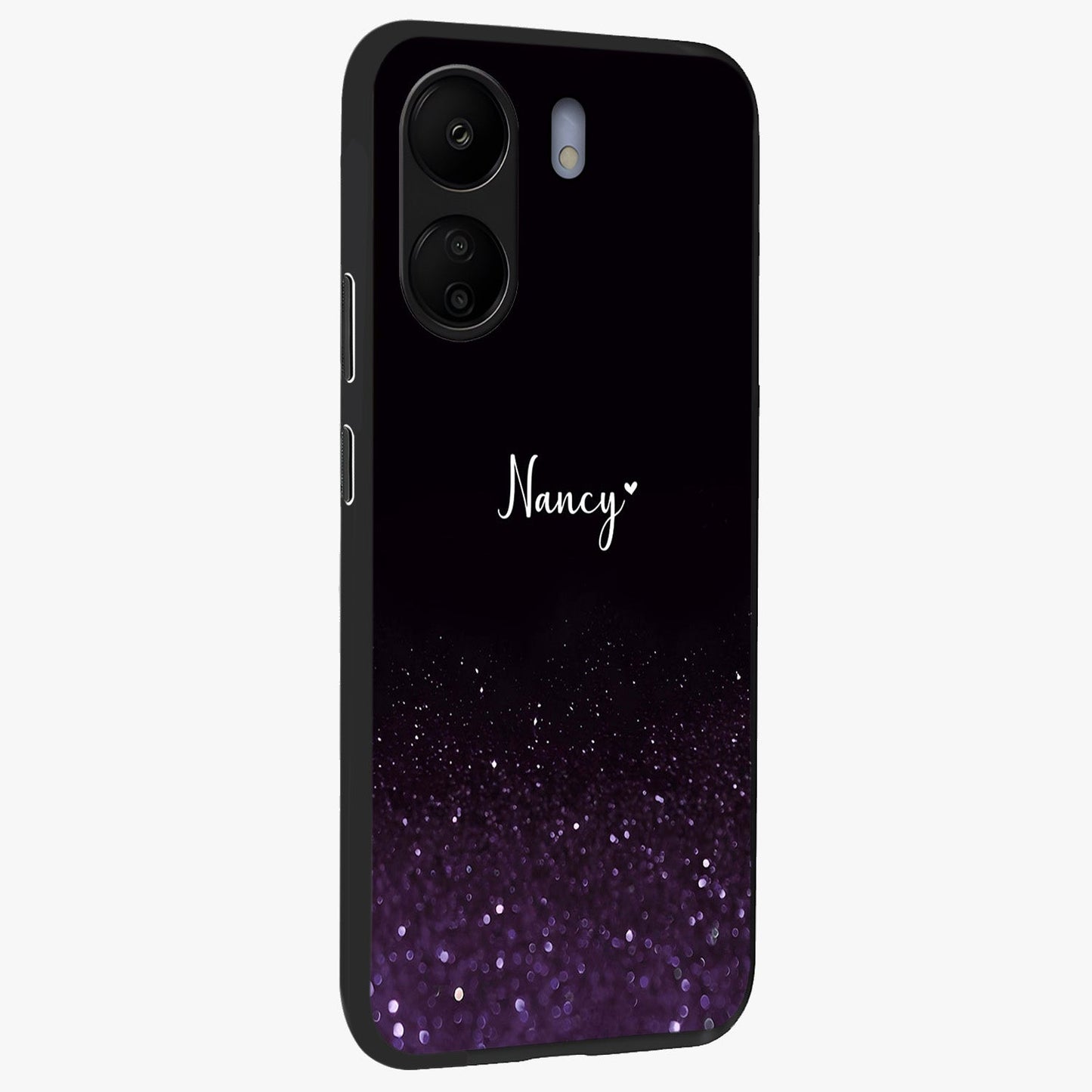 Glittery Purple Bokeh Custom Name Glass Case upright view showcasing vibrant purple sparkle artwork with personalized aesthetic style.